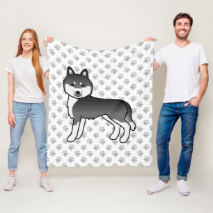 Zwart-witte Siberische Husky Cartoonhond & Pootjes Fleece Deken