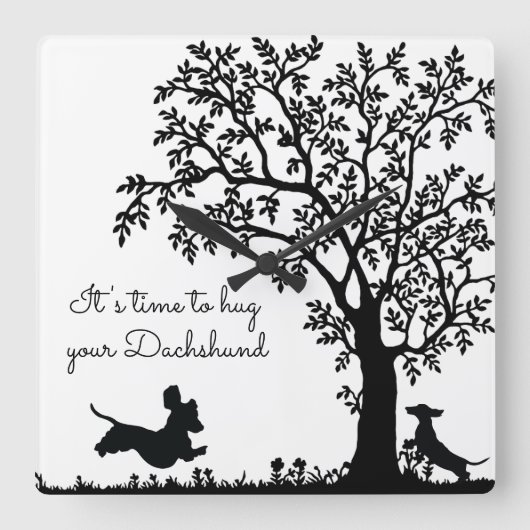 Zwart-witte Silhouette Dachshund-wandklok Vierkante Klok (Voorkant)