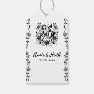 Zwart Witte Skelet Bloem Roos Wijnstok Bruiloft Cadeaulabel