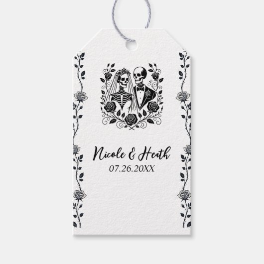 Zwart Witte Skelet Bloem Roos Wijnstok Bruiloft Cadeaulabel (Voorkant)
