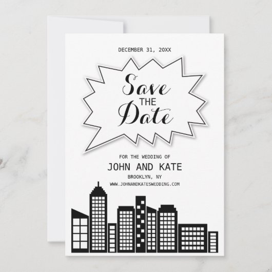 Zwart & Witte Skyline Save The Date Kaart (Voorkant)