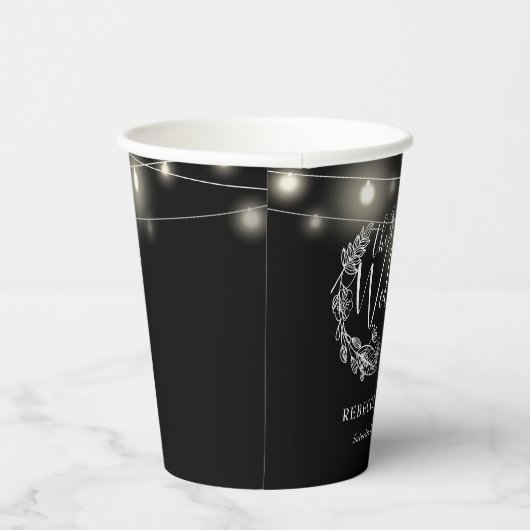 Zwart-Witte Slingerlichten Bloemige Bruiloft Papieren Bekers (Rechts)