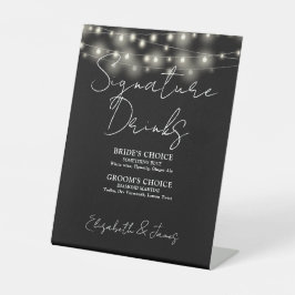 Zwart-Witte Slingerlichten Signature Dranken Reclamebord Met Voetstuk