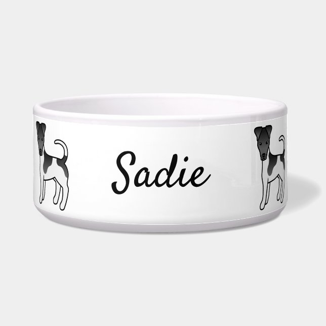 Zwart-witte Smooth Fox Terrier Hond & Naam Voerbakje (Voorkant)