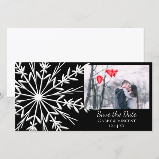 Zwart-witte Sneeuwvlok-huwelijkskaart 'Save the Da Save The Date (Voorkant / Achterkant)