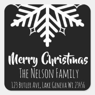 Zwart-witte sneeuwvlok, persoonlijk kerstfeest vierkante sticker