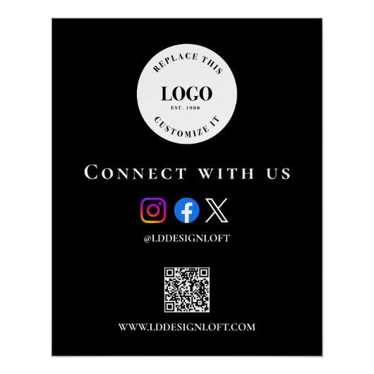 Zwart Witte Sociale QR-code website Aangepaste log Perfect Poster (Voorkant)