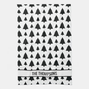 Zwart-Witte Spar Kerstboom Patroon & Tekst Theedoek