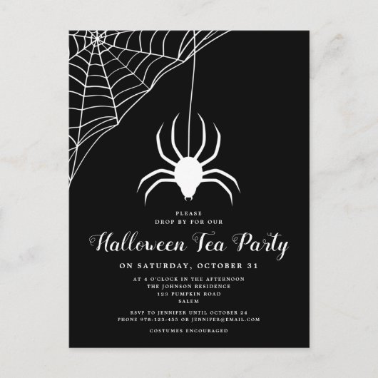 Zwart Witte Spin Halloween Thee Party Uitnodiging (Voorkant)
