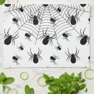 Zwart-witte spinnen spinnenweb Halloween patroon Theedoek