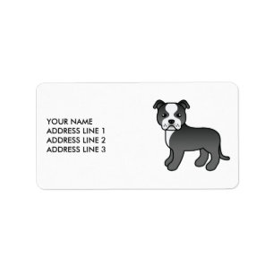 Zwart-Witte Staffie Schattige Cartoon Hond & Tekst Etiket