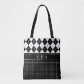 Zwart-witte stijl en Tartan Monogrammen Tote Bag (Voorkant)