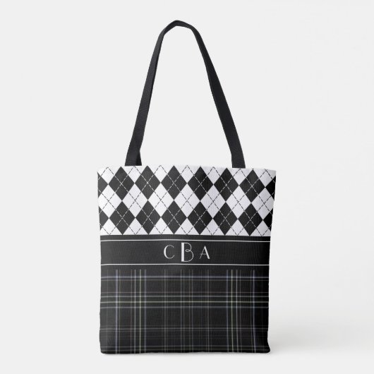 Zwart-witte stijl en Tartan Monogrammen Tote Bag (Achterkant)