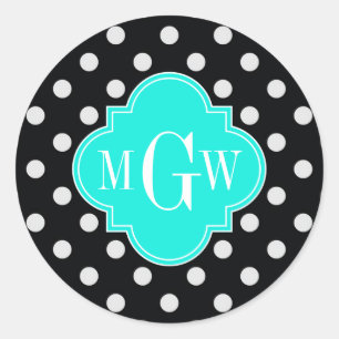 Zwart Witte Stippen Aqua Vierblad 3 Monogram Ronde Sticker