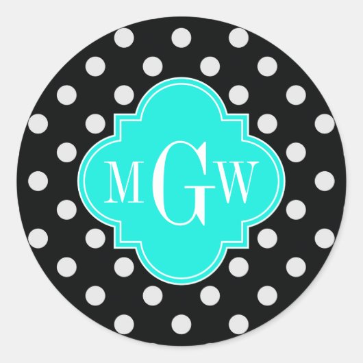 Zwart Witte Stippen Aqua Vierblad 3 Monogram Ronde Sticker (Voorkant)
