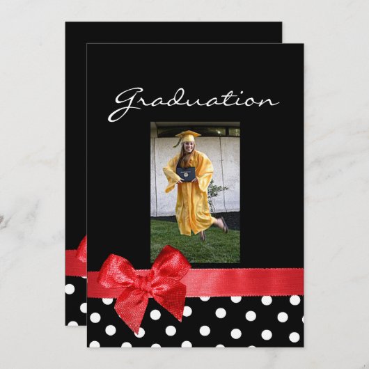 Zwart + witte stippen & Rood Bow Foto Afstuderen Kaart (Voorkant / Achterkant)