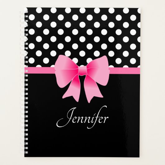 Zwart & Witte Stippenpatroon Roze Strik Naam Planner (Voorkant)