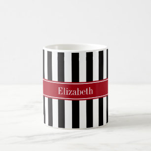 Zwart Witte Streep Cranberry Naam Initiaalmonogram Koffiemok