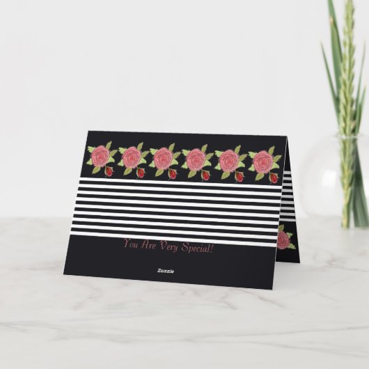 Zwart witte streep en roze roos kaart (Achterkant)