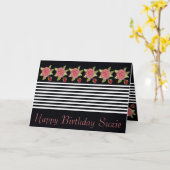 Zwart witte streep en roze roos kaart (Gele Bloem)