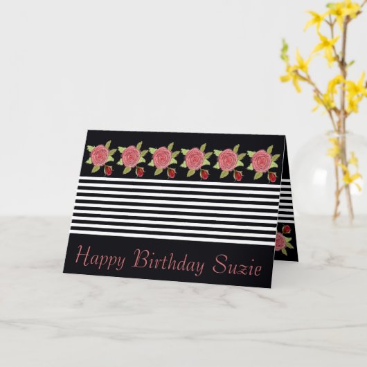 Zwart witte streep en roze roos kaart (Gele Bloem)