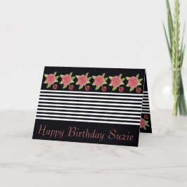 Zwart witte streep en roze roos kaart