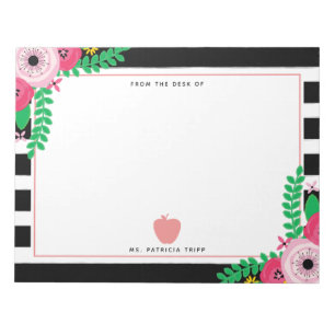 Zwart + Witte streep Floral roze Apple leraar Notitieblok