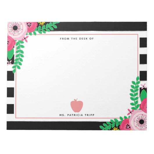 Zwart + Witte streep Floral roze Apple leraar Notitieblok (Voorkant)