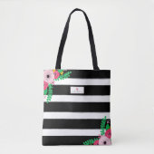 Zwart + Witte streep Floral roze Apple leraar Tote Bag (Voorkant)