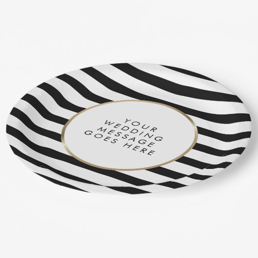 Zwart-witte streep gouden bruiloft papieren bordje (Gekanteld)