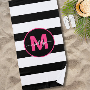 Zwart Witte Streep Heet Roze Naam Monogram Strandlaken