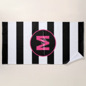 Zwart Witte Streep Heet Roze Naam Monogram Strandlaken (Voorkant)