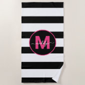Zwart Witte Streep Heet Roze Naam Monogram Strandlaken (Voorkant)