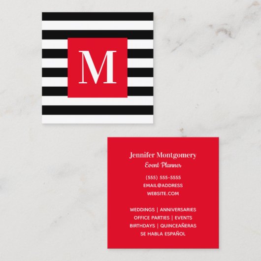 Zwart-witte streep helder rood monogram vierkante visitekaartje (Voorkant / Achterkant)
