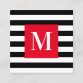 Zwart-witte streep helder rood monogram vierkante visitekaartje (Voorkant)