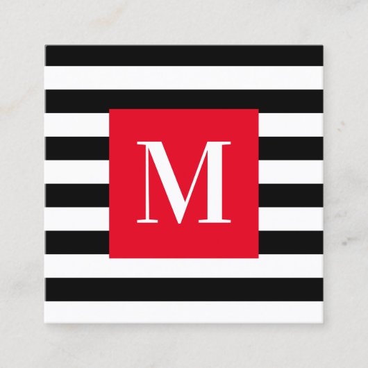 Zwart-witte streep helder rood monogram vierkante visitekaartje (Voorkant)