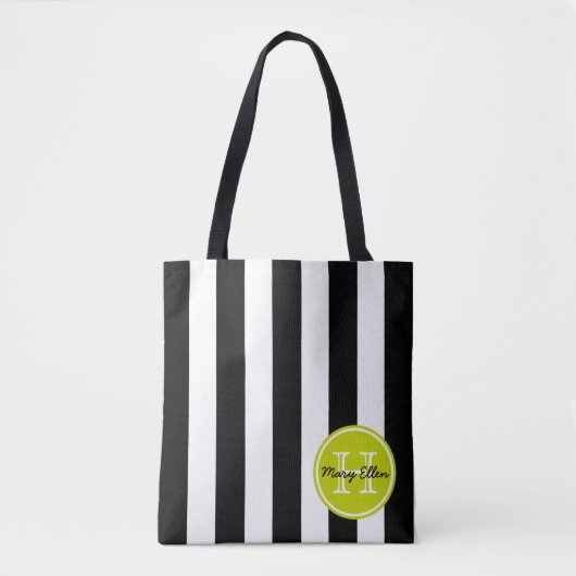 Zwart-witte streep met langgroen monogram tote bag (Voorkant)