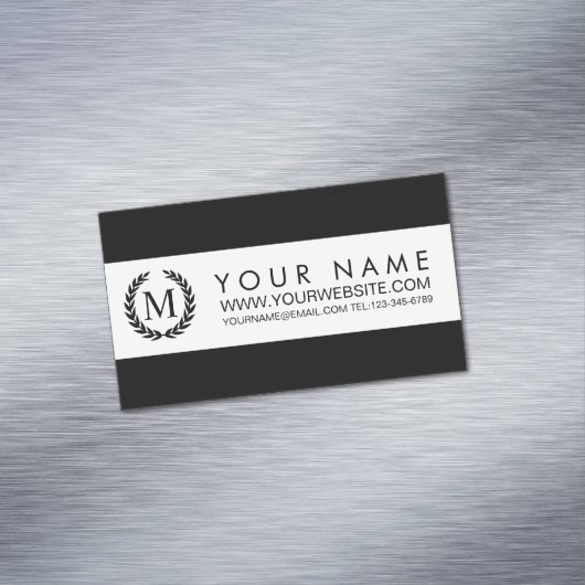 Zwart-witte streep met Laurel Wreatmonogram Magnetisch Visitekaartje (Voorbeeld)