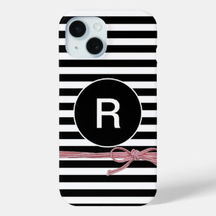 Zwart-witte streep met monogram en Bow iPhone 15 Case