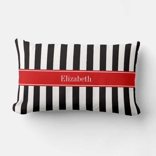 Zwart Witte Streep Rode Lint Naam Monogram Kussen (Voorkant)