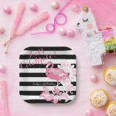Zwart-witte streep roze flamingo verjaardag papieren bordje (Feest)