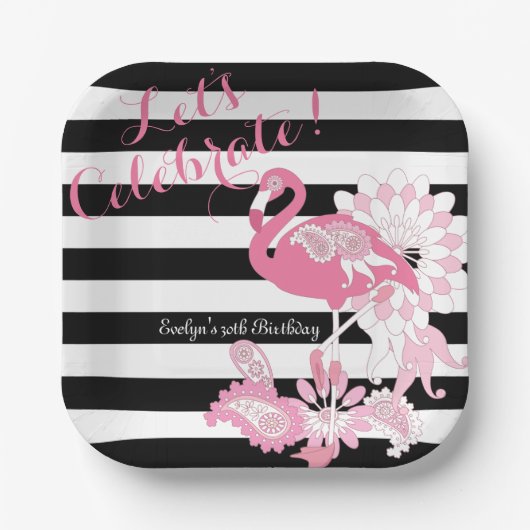 Zwart-witte streep roze flamingo verjaardag papieren bordje (Voorkant)