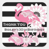 Zwart-witte streep roze flamingo verjaardag vierkante sticker (Voorkant)