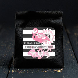 Zwart-witte streep roze flamingo verjaardag vierkante sticker