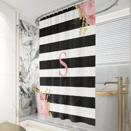 Zwart Witte Streep Roze Goud Bloemmotief Monogram Douchegordijn