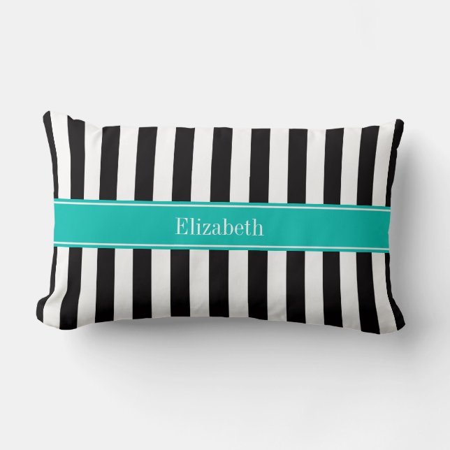 Zwart Witte Streep Teal Lint Naam Monogram Kussen (Voorkant)