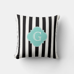 Zwart Witte Streep Turquoise Vierlobbig Monogram Kussen