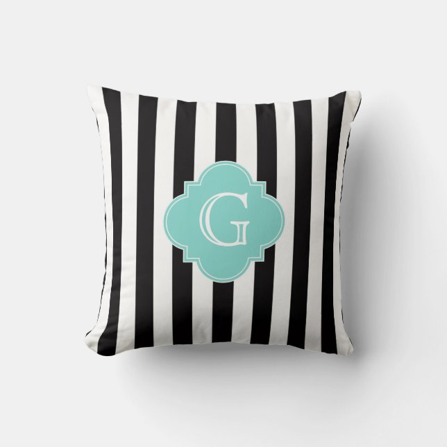 Zwart Witte Streep Turquoise Vierlobbig Monogram Kussen (Voorkant)