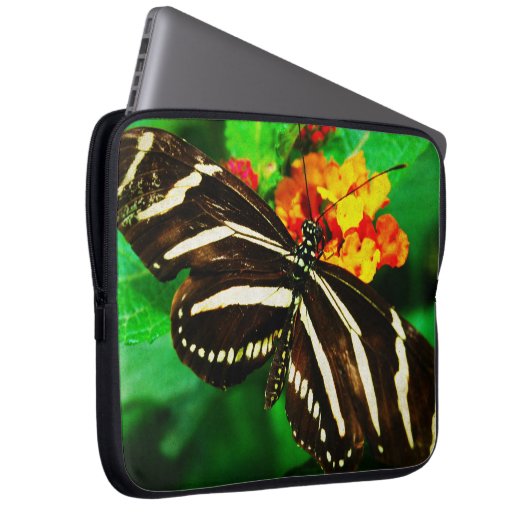 Zwart witte streep zebra longwing vlinder foto laptop sleeve (Voorkant Rechts)
