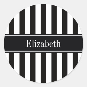 Zwart Witte Streep Zwart Naam Monogram Ronde Sticker